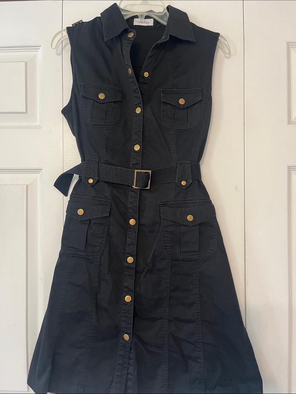 Calvin Klein Black Sleeveless Belted Shirt Dress with Gold Hardware